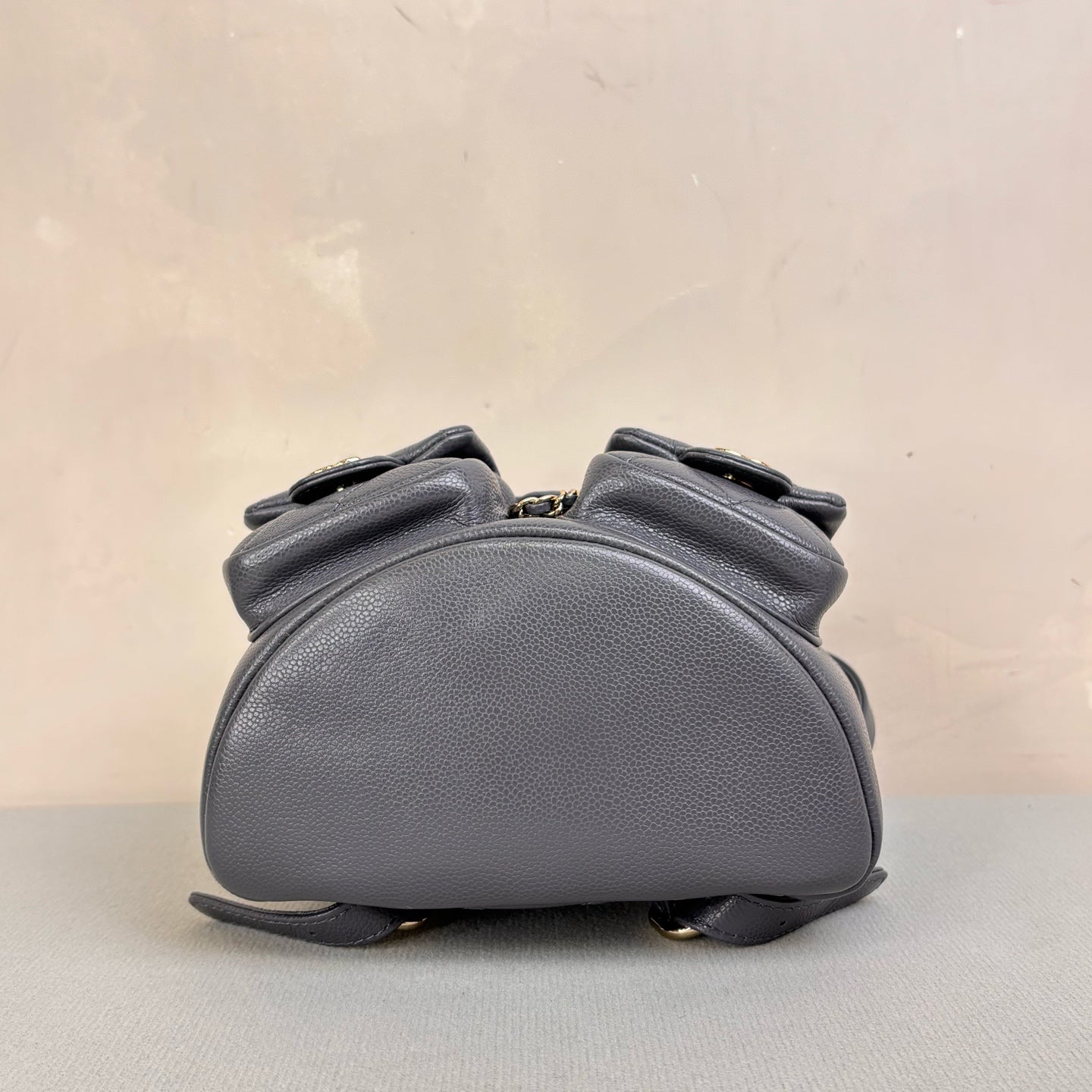 Chanel Duma Frog Bag Small Backpack in Grey and Gold Litchi Leather, 99% New, Size 18*17.