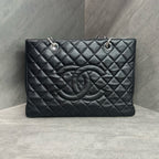 Chanel Black and Silver Caviar Leather GST Chain Tote Shoulder Bag 16A Model, Structured Shape, Clean Interior.