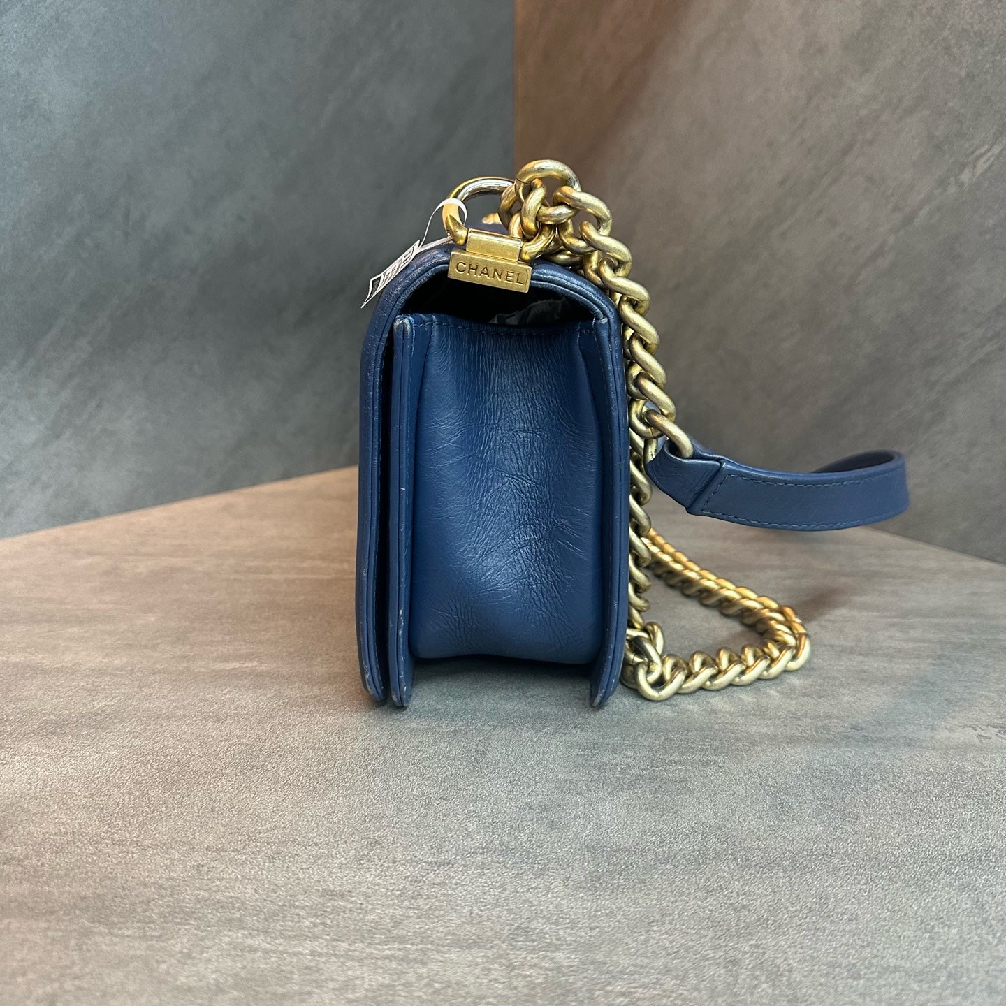 Chanel Medium Le Boy, haze blue with gold-tone hardware, oil-wax crinkled cowhide, limited edition discontinued design with vintage-style piping, 23-series production code