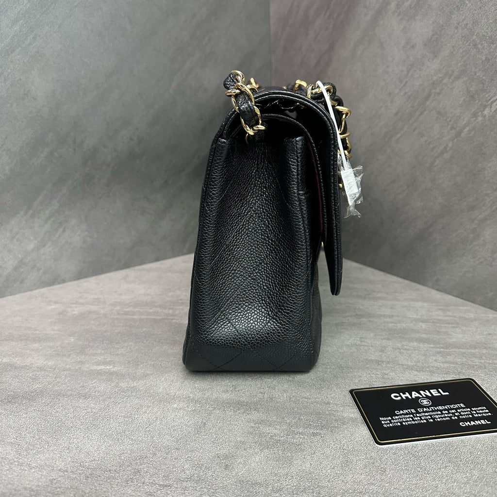 Chanel CF Jumbo Black and Gold Litchi Leather Chain Bag, 14-inch with Card, Structured Shape, Clean Interior.