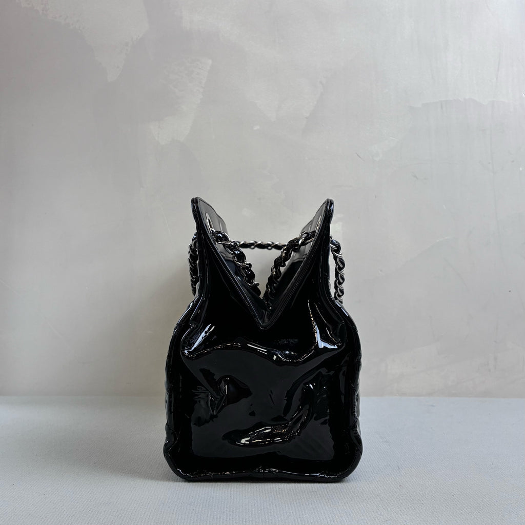 98 New Chanel Double C Large Logo Tote Handbag Shoulder Bag Black Patent Leather 16 Card Size 30*21