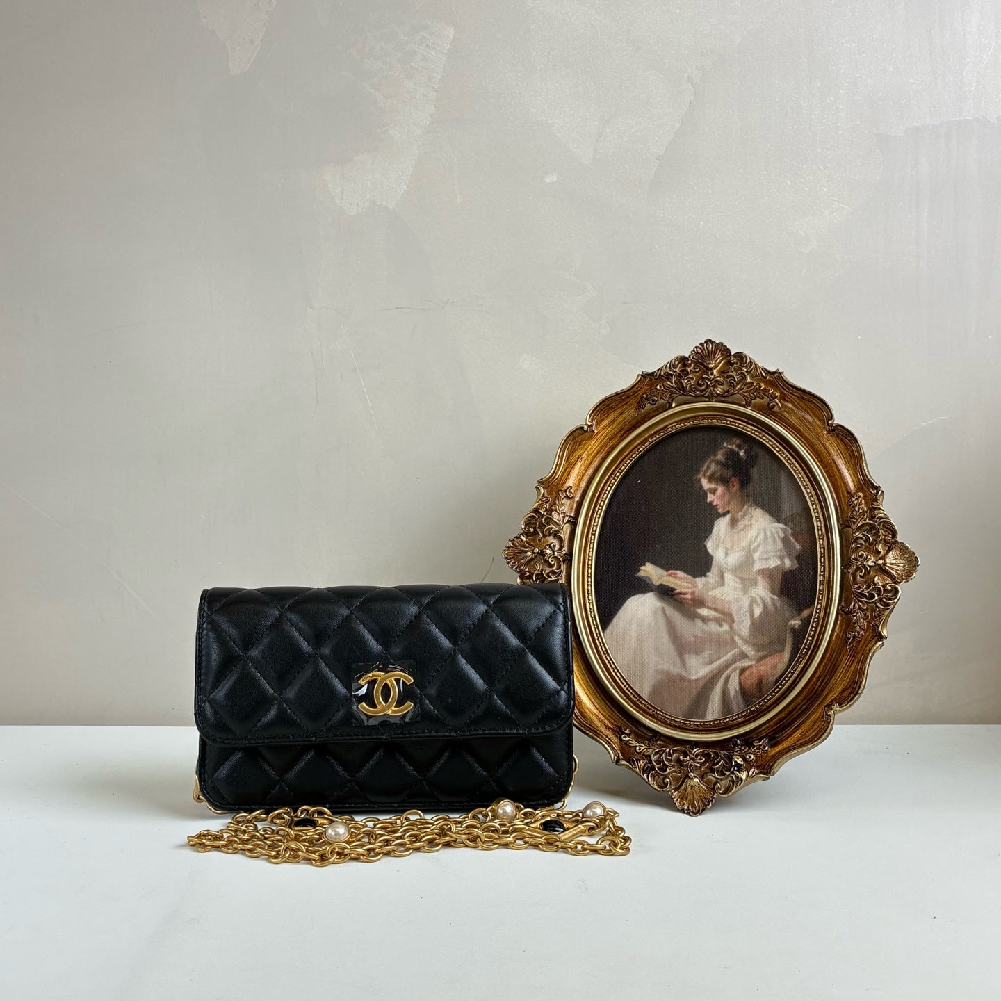 Chanel 99 New Chip Version Black and Gold Enamel Gemstone, Pearl Chain WOC Size 17*10