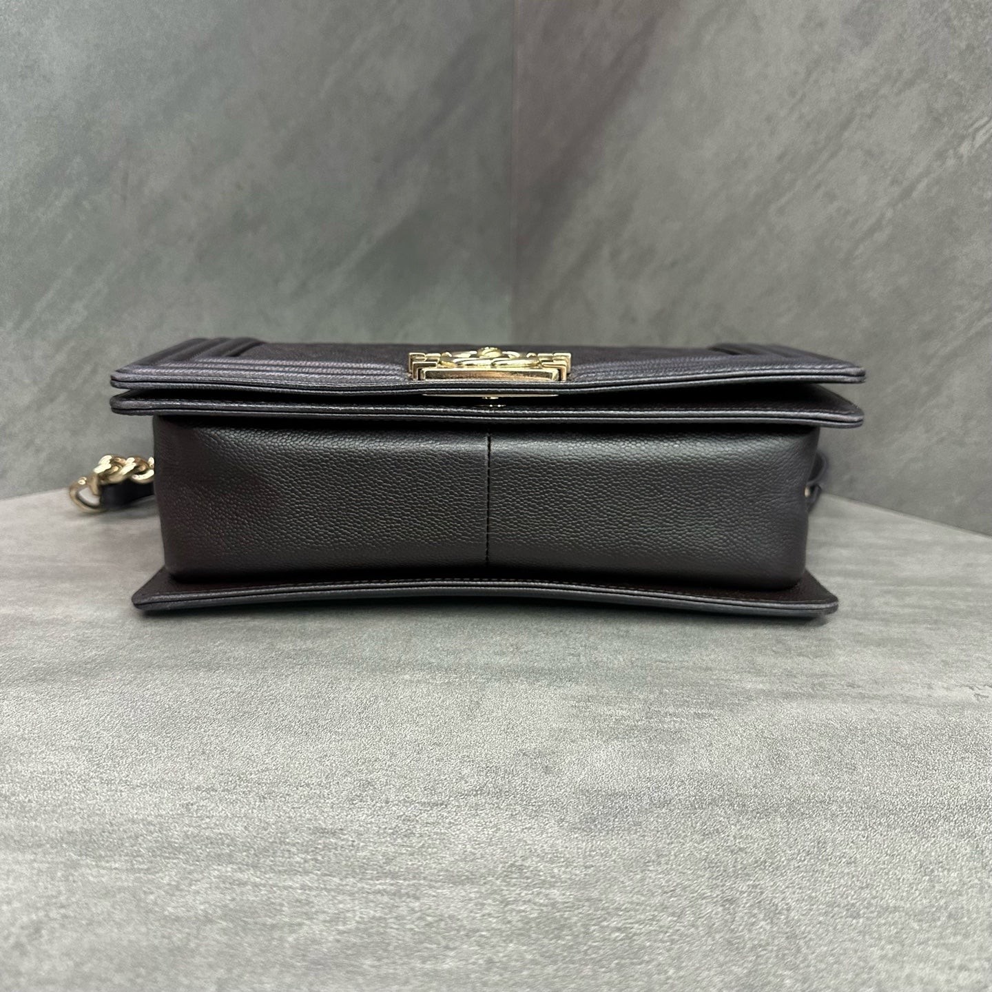 Chanel Le Boy Medium Brown Gold Hardware Litchi Grain Leather Chain Bag, chip included, structured design, clean interior.