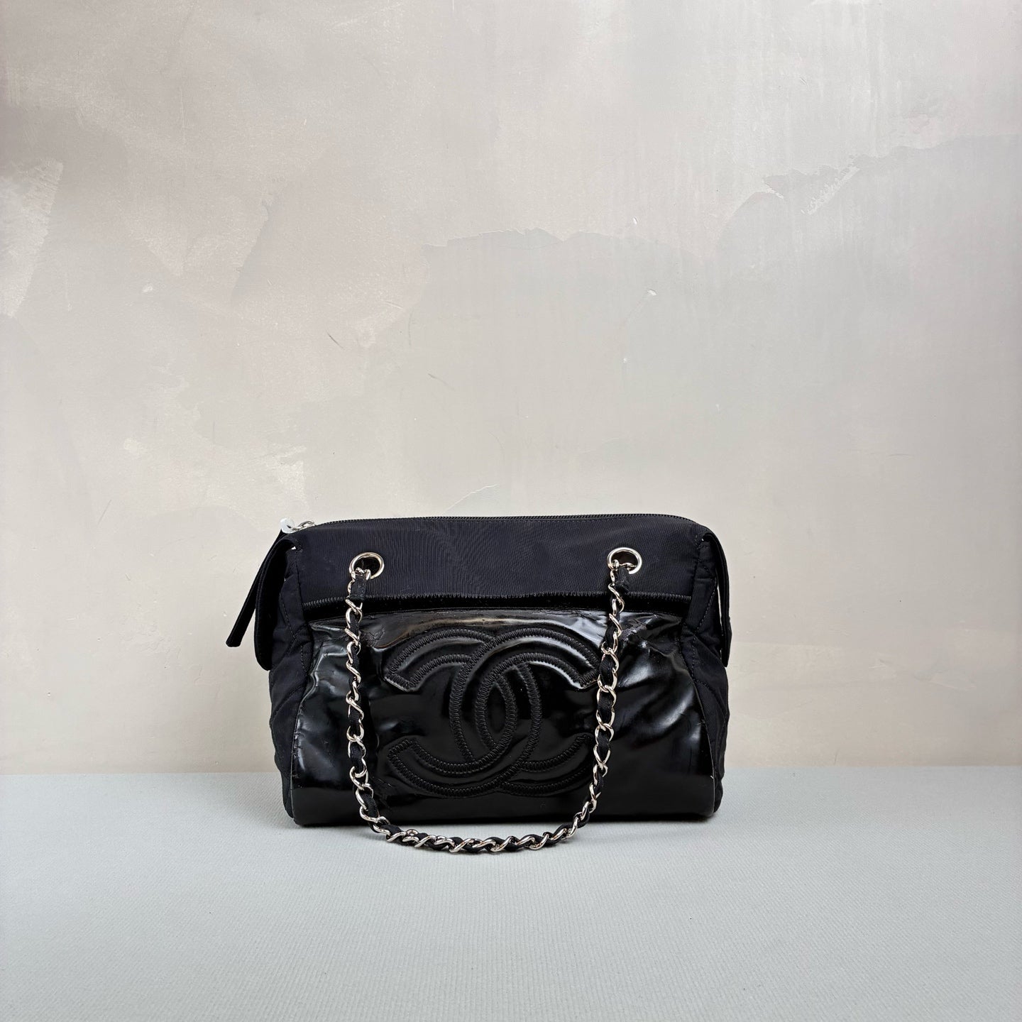 Chanel 13 Opening Tote Canvas with Leather Black and Silver Size 24*16