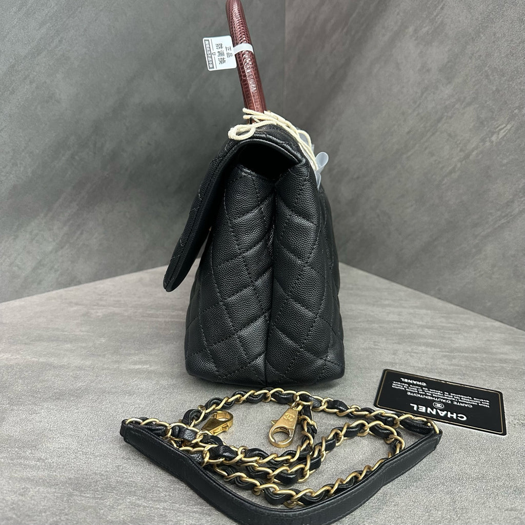 Chanel Coco Handle Medium Black Gold Lizard Handle Laser 24K with Card