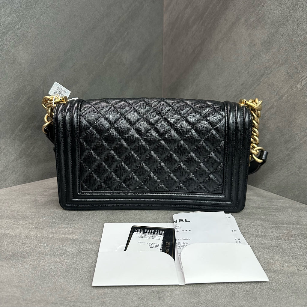 Chanel Le Boy Medium Black Gold Caviar Leather Chain Bag 28 with Card and Receipt. The bag has a structured shape and a clean interior.