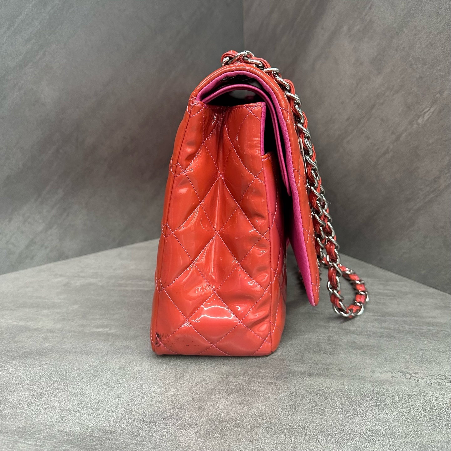 Chanel CF Maxi Pink Silver Patent Leather Chain Bag, Size 14, Structured Shape, Clean Interior.