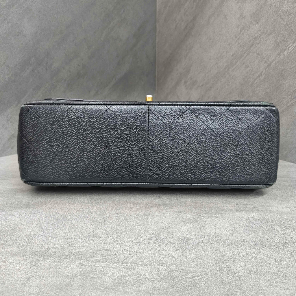 Chanel CF Jumbo Black and Gold Litchi Leather Chain Bag 16 Opening, Structured Shape, Clean Interior