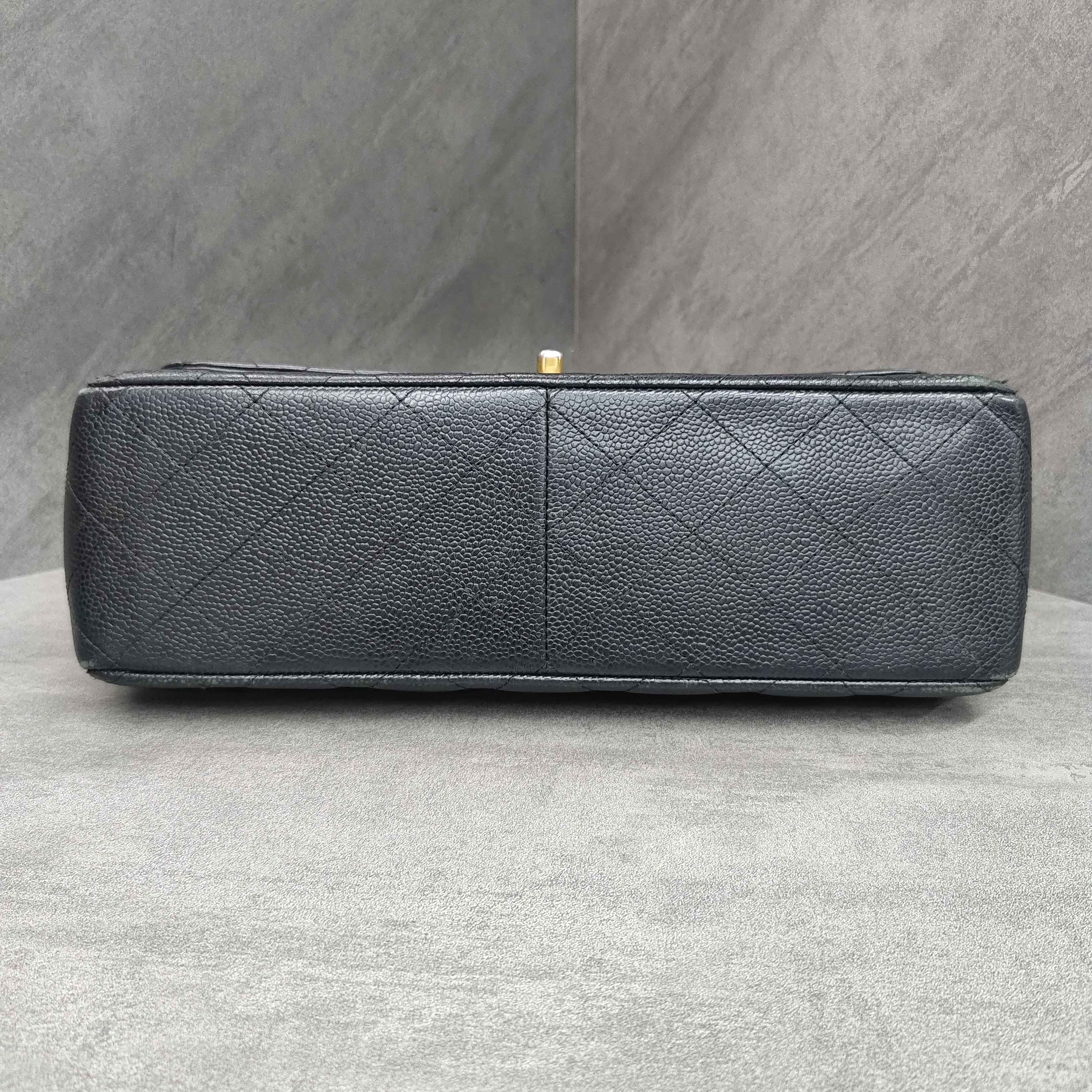 Chanel CF Jumbo Black and Gold Litchi Leather Chain Bag 16 Opening, Structured Shape, Clean Interior