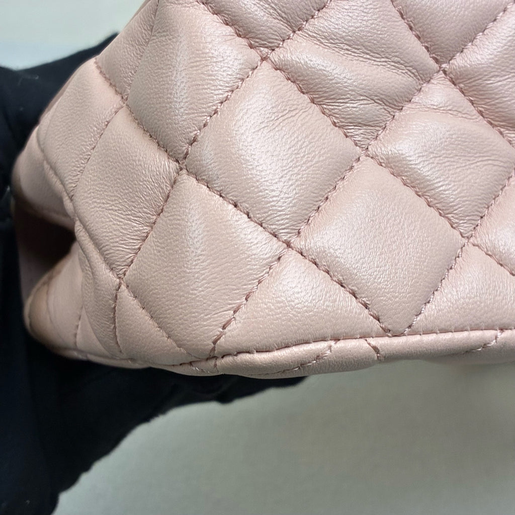 Chanel CF Mini 23K Cherry Blossom Pink Handle Chip Bag with Gold Woven Handle Classic Diamond Pattern Chain Shoulder Strap
