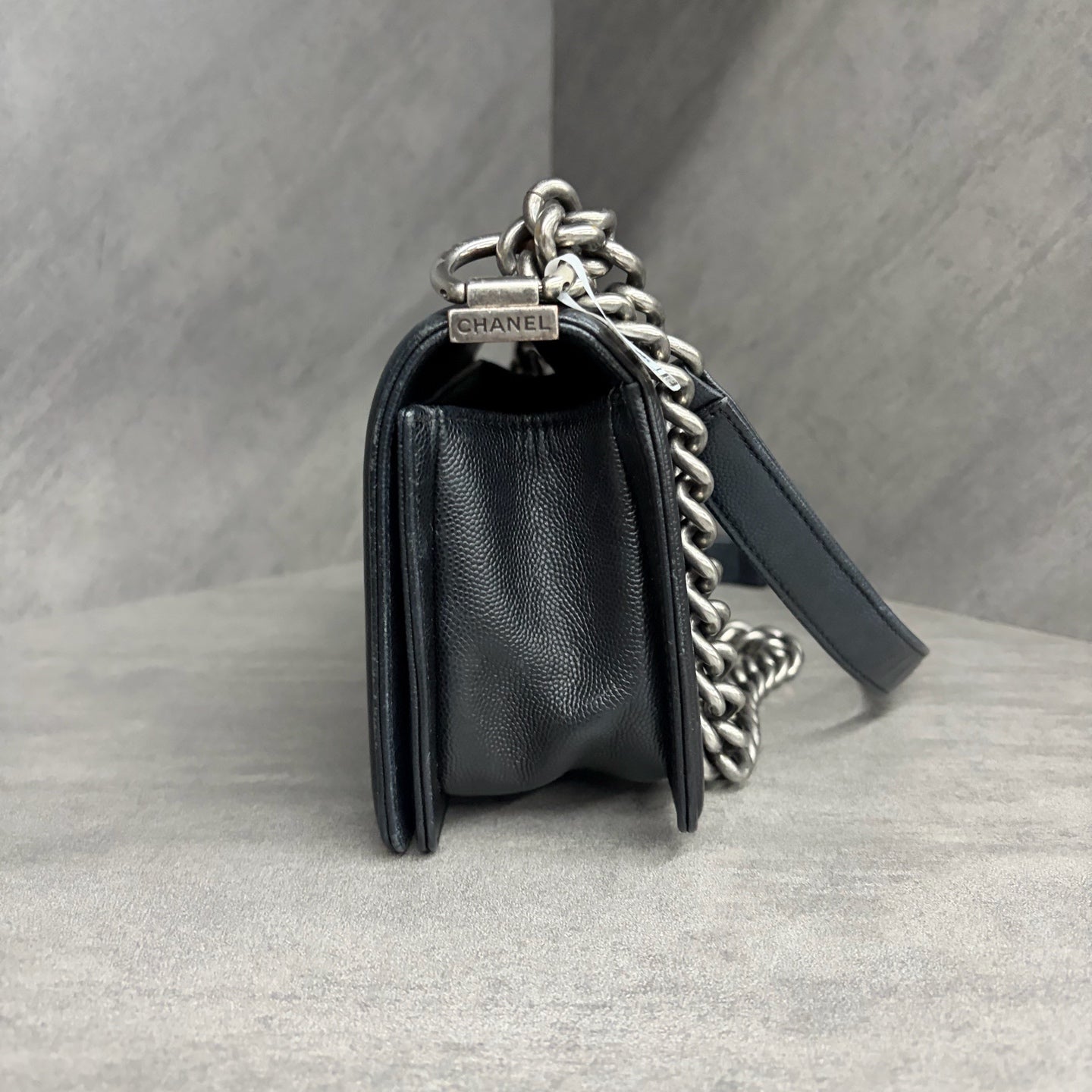 Chanel Leboy small size, black and silver grained calfskin, 26 series no card, clean interior, in stock at favorable price