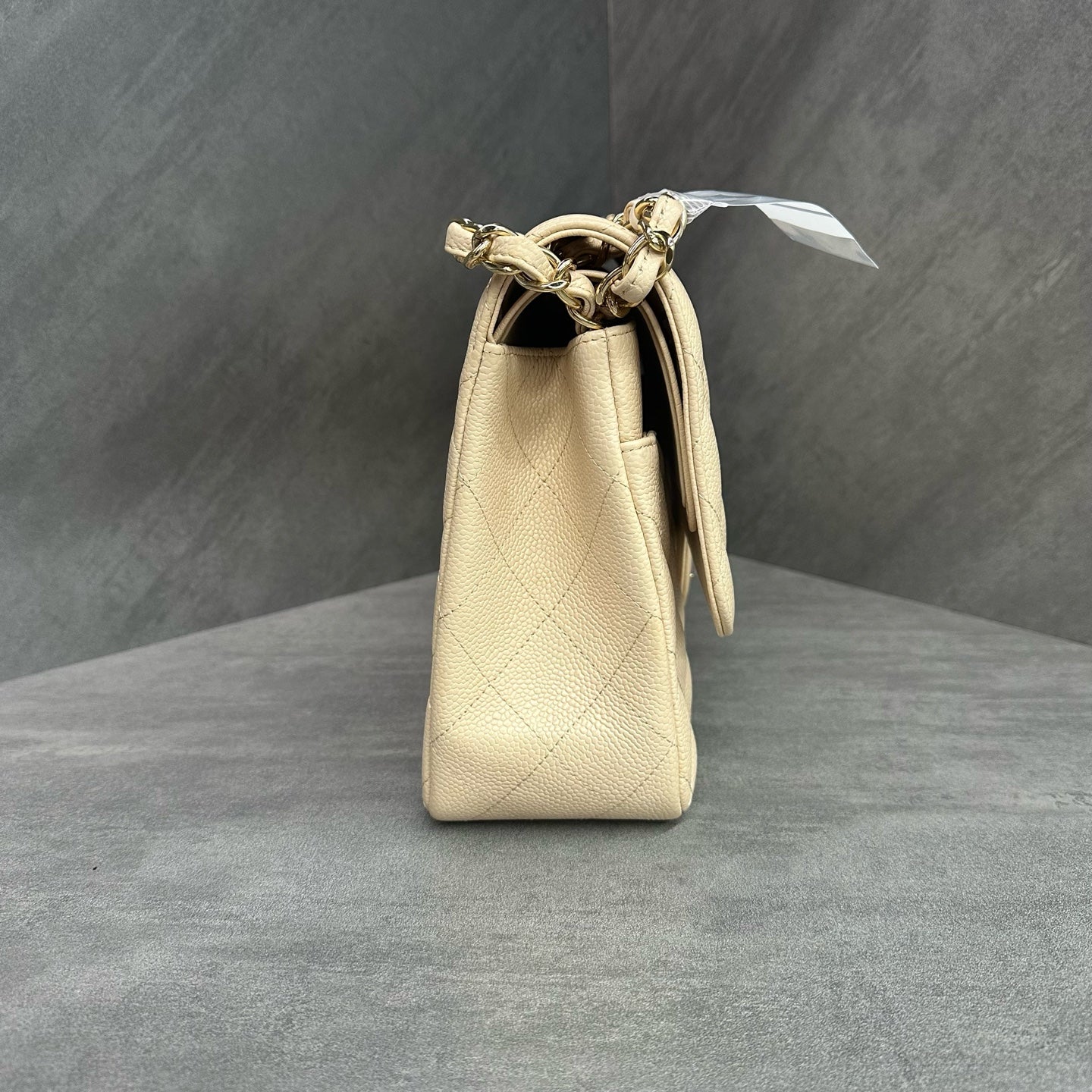 Chanel cf jumbo Beige gold buckle lychee cowhide chain bag 15, open bag type, three-dimensional inside clean