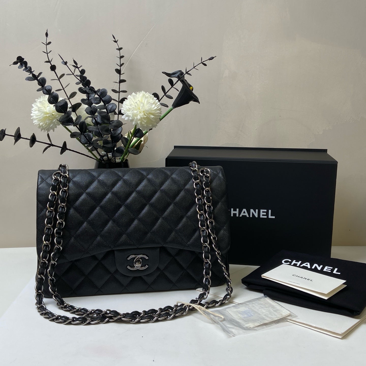 CHANEL 24K Black Silver Iridescent CF Chain Bag CF JUMBO Shoulder Bag 99% New Length of Bottom 30cm