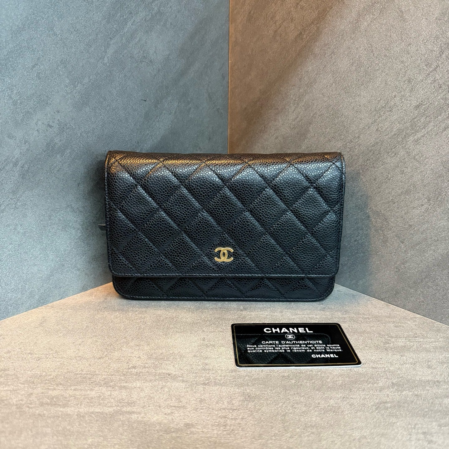 Chanel WOC Black Gold Litchi Leather Chain Bag, 20-series with card, original condition