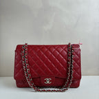 CHANEL Jumbo Max CF 13 Red Quilted Lychee Grain Cowhide Silver Hardware Chain Shoulder Bag Length of Bottom