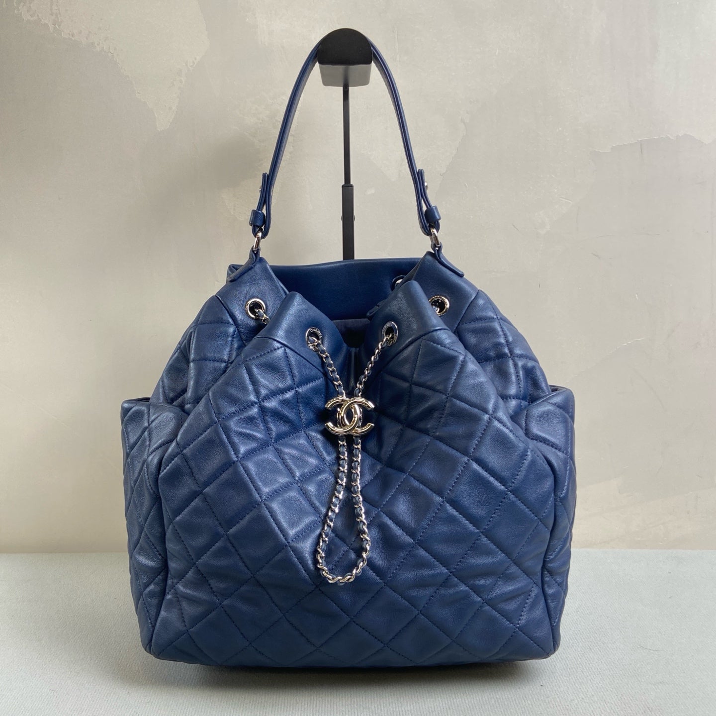 Chanel 97 New 23 Opening Deep Blue Quilted Bucket Bag 2 Ways Size 26.5*27