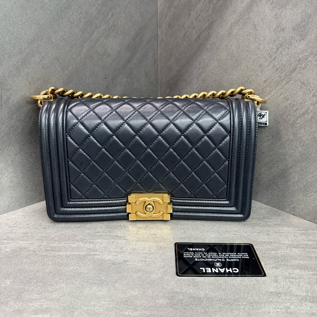 Chanel leboy medium size black gold lambskin chain bag, 19-series with card