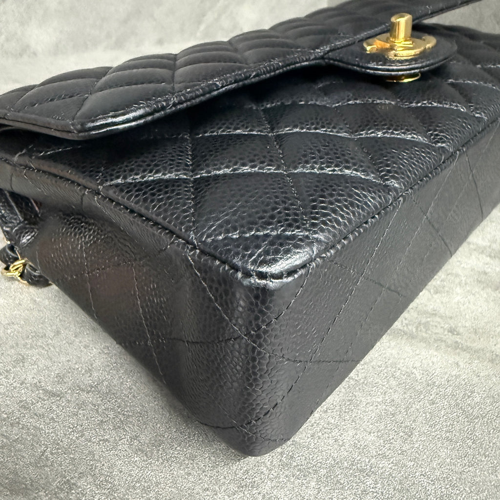 Chanel Medium Classic Flap, Black Gold, Caviar Leather, 27-series, with authenticity card, original condition, perfect shape