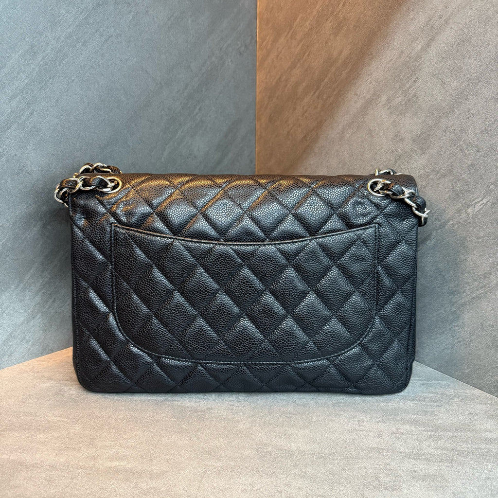 Chanel Jumbo Large Black and Silver Craquelé Lambskin Bag, Structured Shape, Clean Interior, 15 Openings, Original Condition.