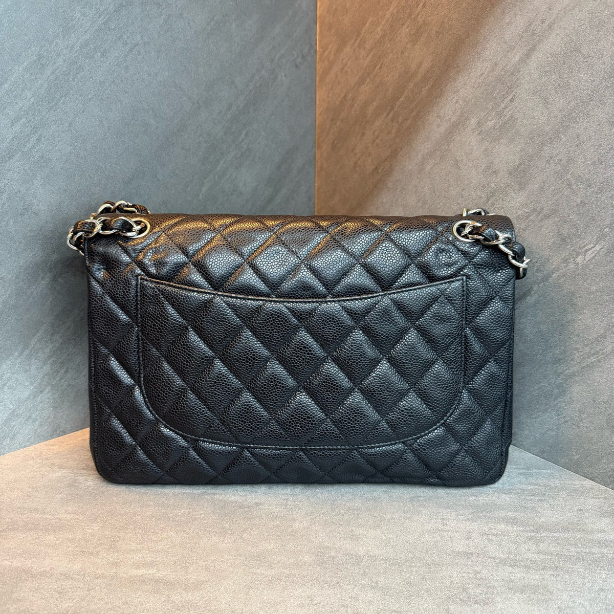 Chanel Jumbo Large Black and Silver Craquelé Lambskin Bag, Structured Shape, Clean Interior, 15 Openings, Original Condition.