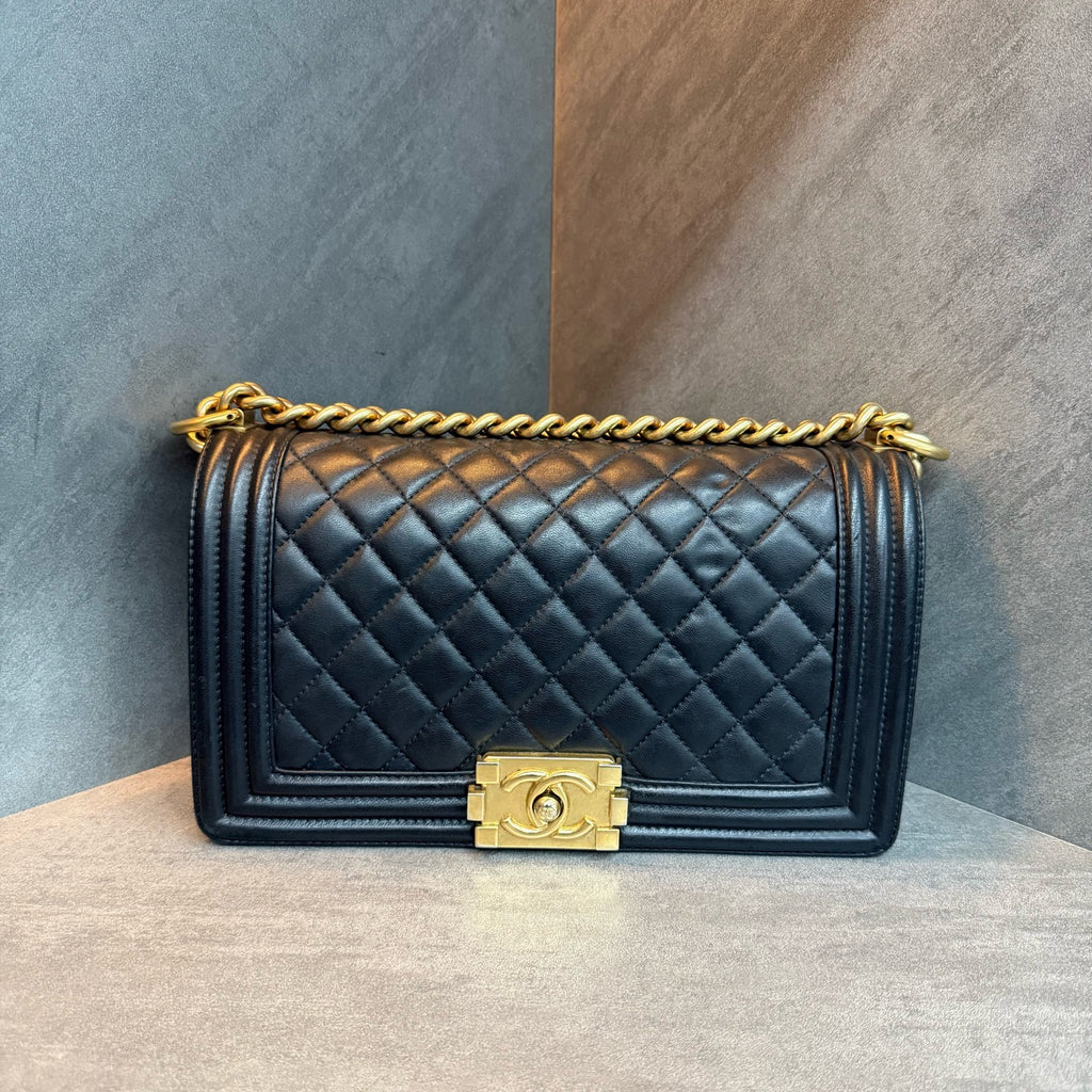 Chanel Black Gold Leboy Medium Lambskin, Date Code 21, Structured Shape, Clean Interior, In Stock at Great Price