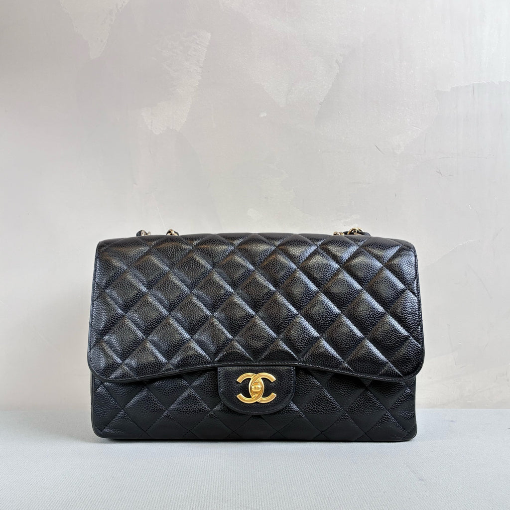 Chanel 99 New 13-inch Jumbo CF Black Gold Pebbled Leather Single Flap Size 30*18
