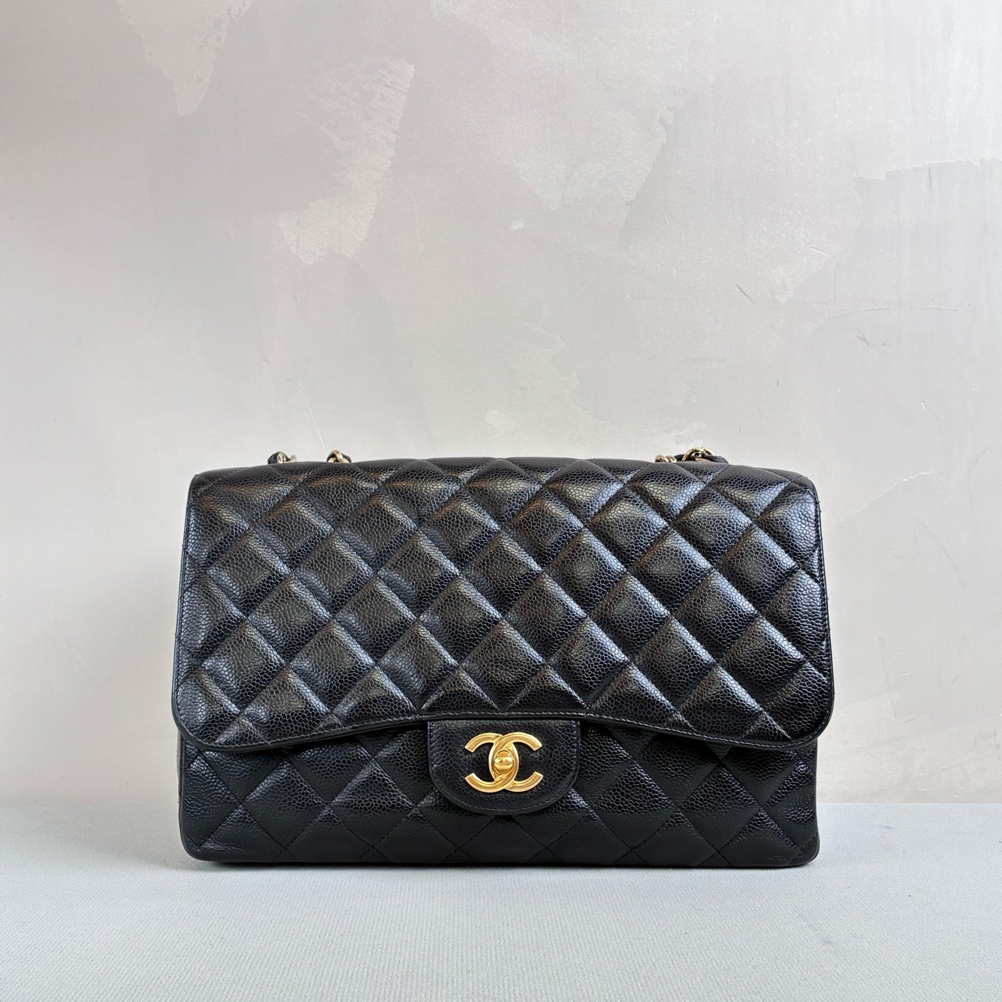Chanel 99 New 13-inch Jumbo CF Black Gold Pebbled Leather Single Flap Size 30*18