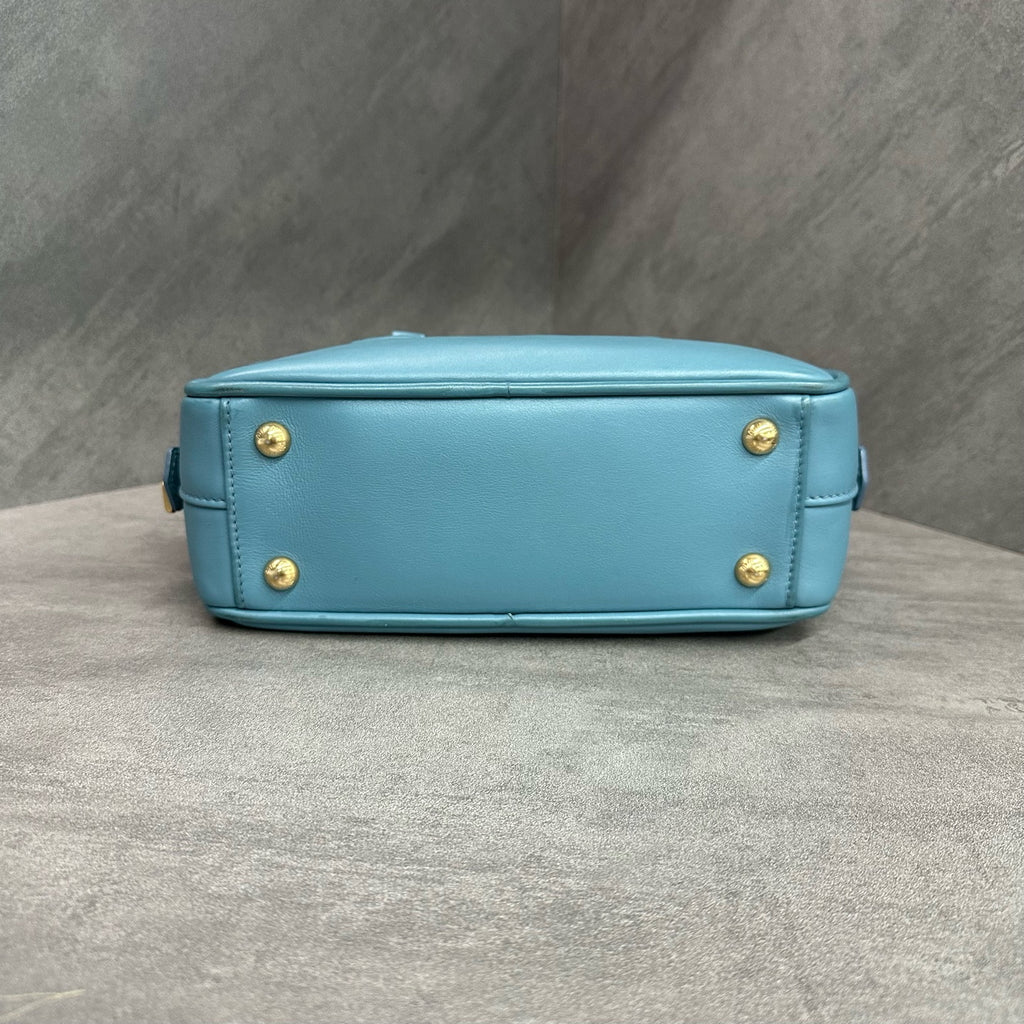 miumiu Miu Miu small bowling bag, sky blue, with shoulder strap, in stock at a favorable price