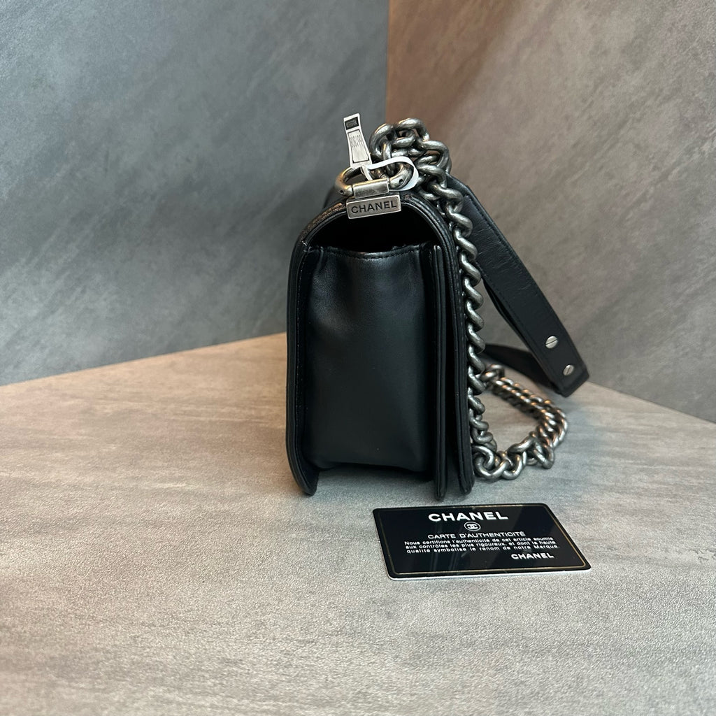 Chanel Leboy Medium Black Silver Sheepskin Chain Bag, 20 Series with Authenticity Card