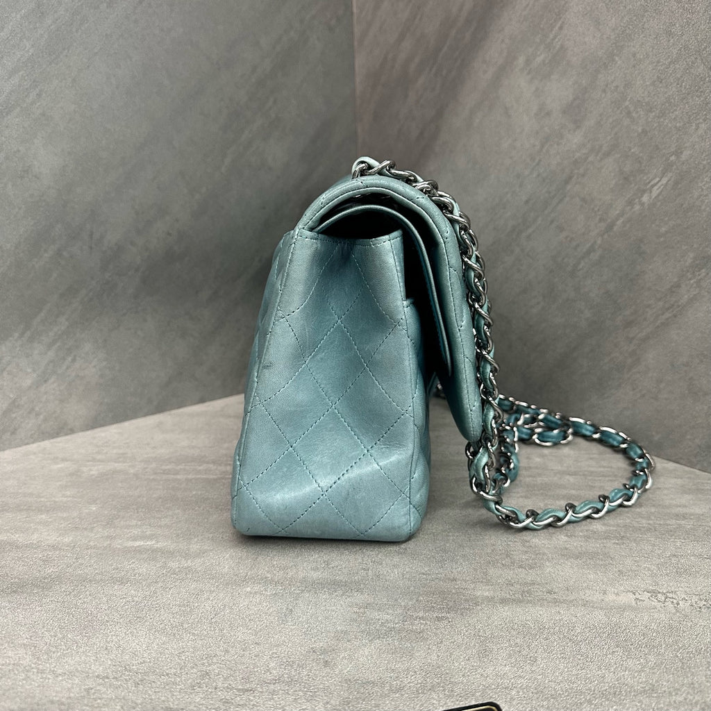 Chanel CF Jumbo Lake Blue Lambskin Chain Bag with Silver Hardware - 15 Opening with Card - Three-Dimensional Shape - Clean Interior