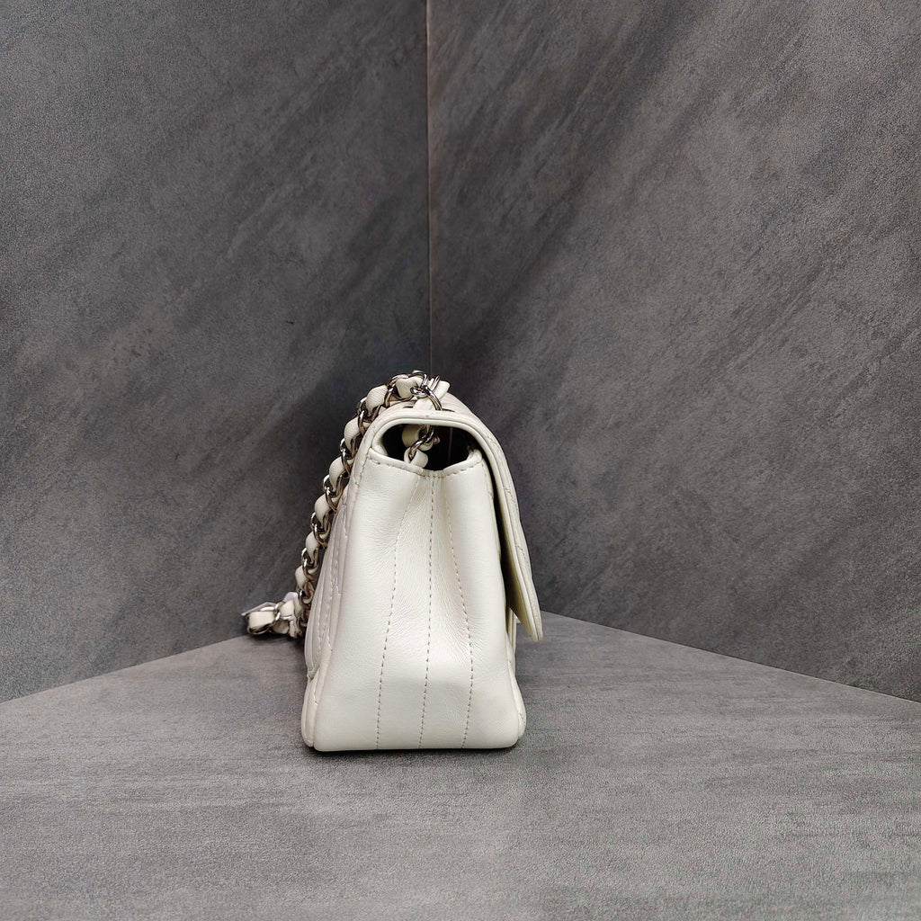 Chanel CF Square Pouch White V-Pattern Lambskin Silver Hardware Chain Bag + 30% Off + Includes Card