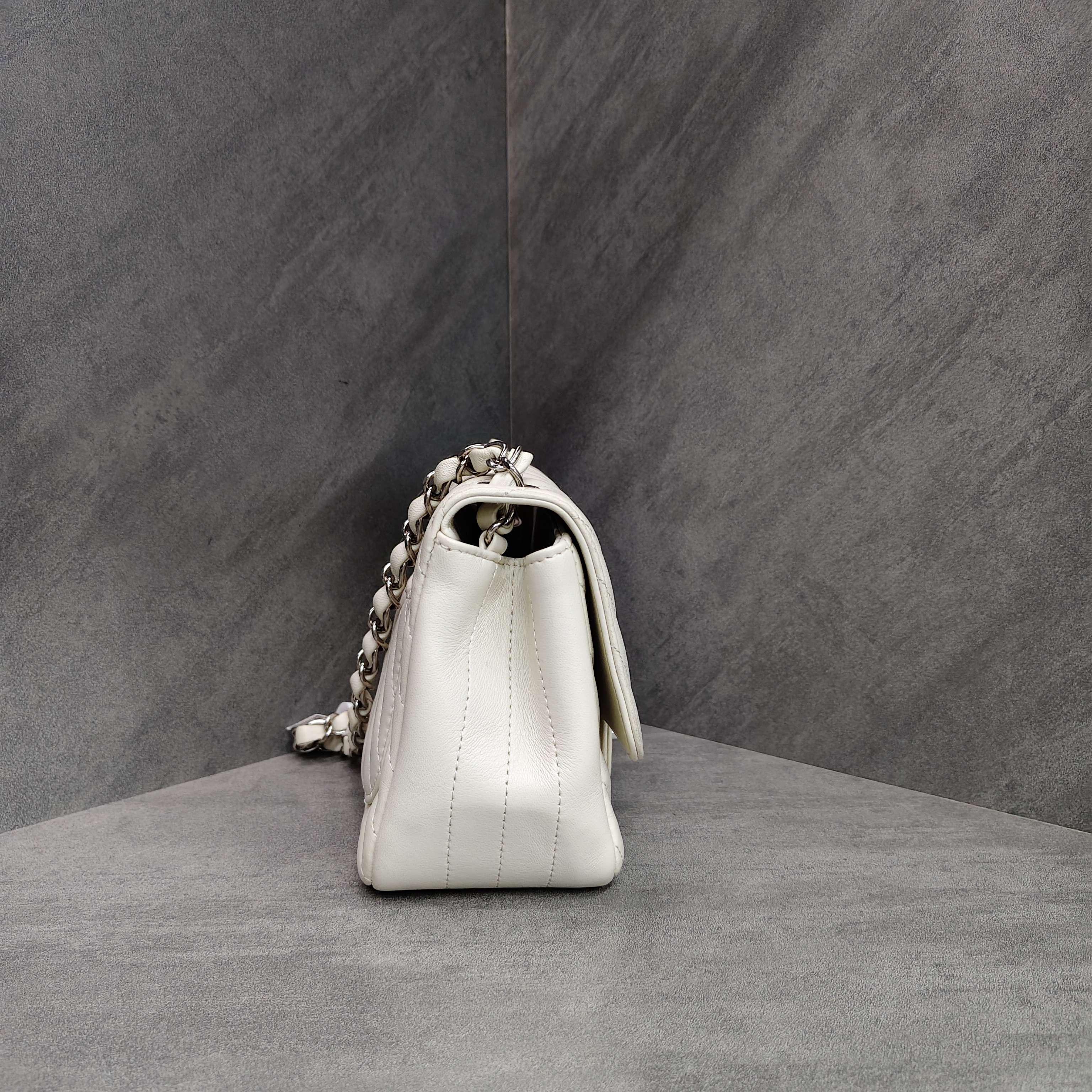 Chanel CF Square Pouch White V-Pattern Lambskin Silver Hardware Chain Bag + 30% Off + Includes Card