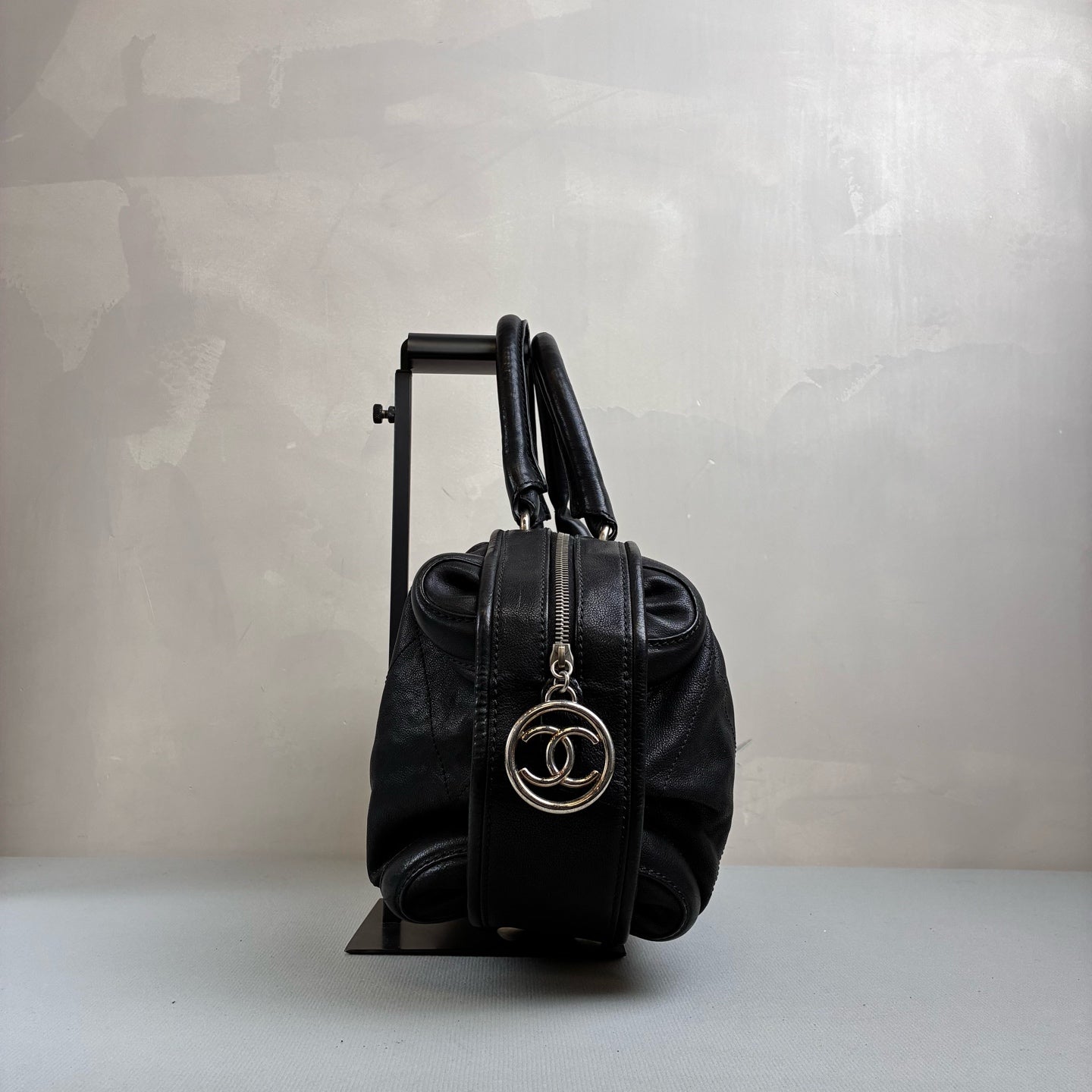 Chanel Black and Silver Bubble Check Bowling Boston Shoulder Bag 98% New Condition Size 36*20 cm