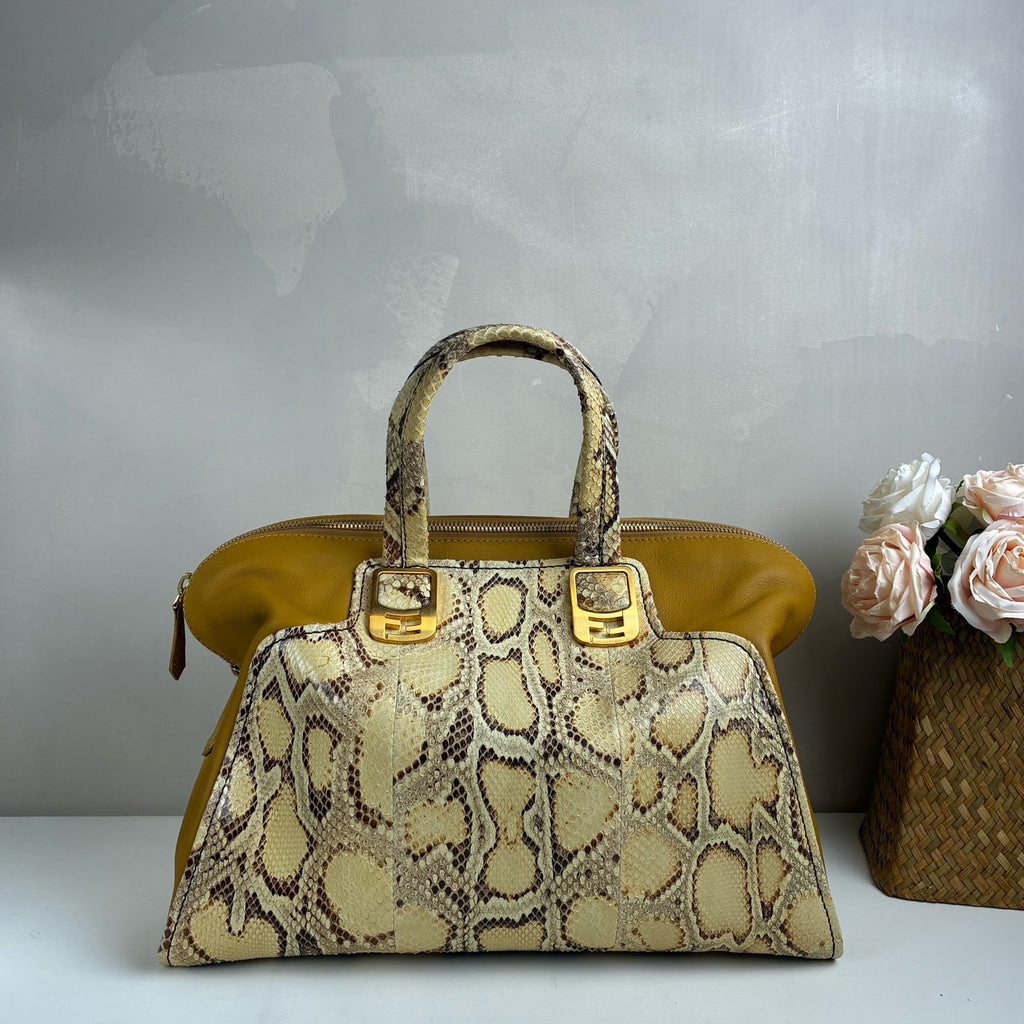 Fendi Python Tote Bag, yellow patchwork, gold hardware, dimensions 38*25, with shoulder strap.