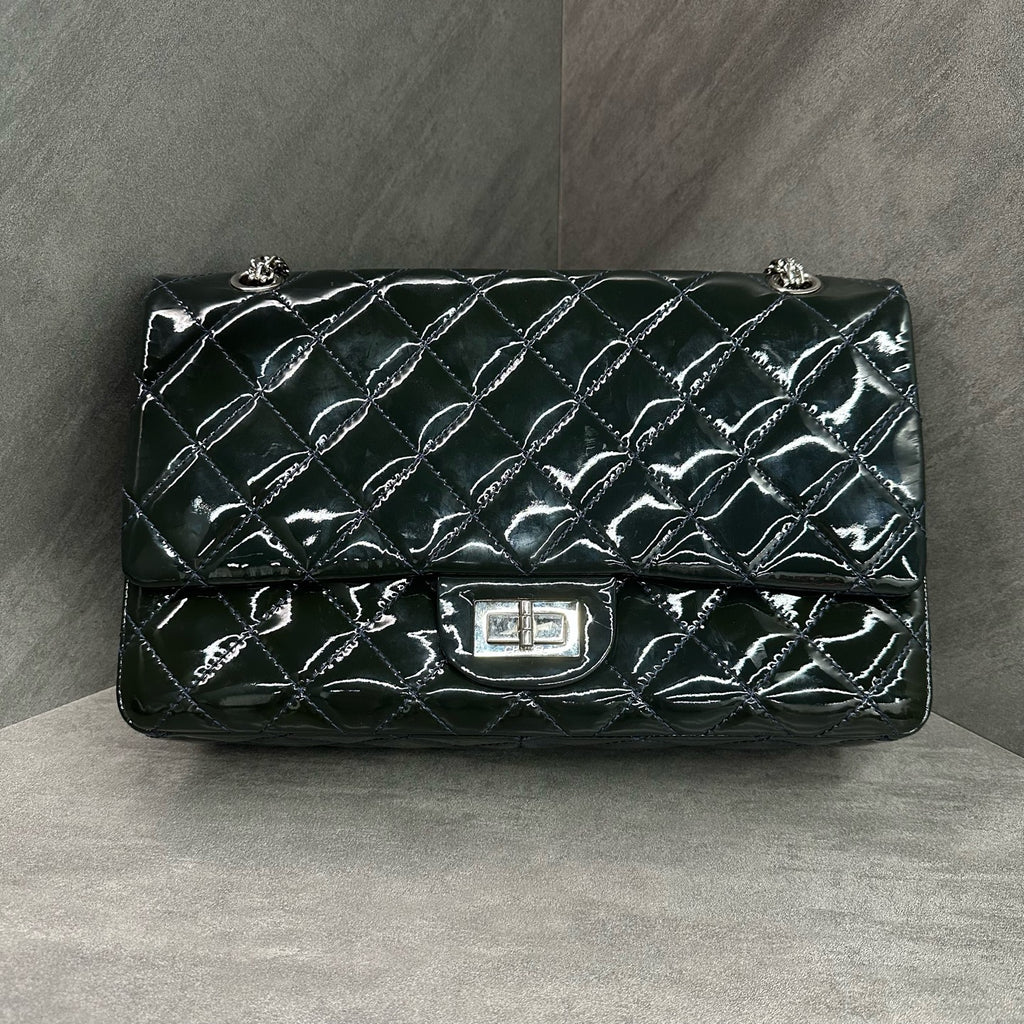 Chanel 2.55 Navy Blue Gold Hardware Patent Leather Chain Bag Size 13 Structured Design Clean Interior