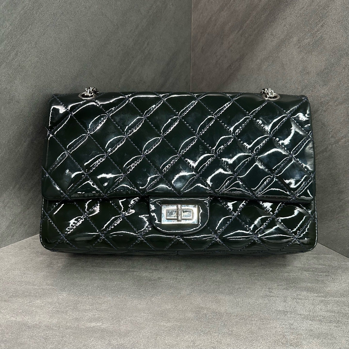 Chanel 2.55 Navy Blue Gold Hardware Patent Leather Chain Bag Size 13 Structured Design Clean Interior