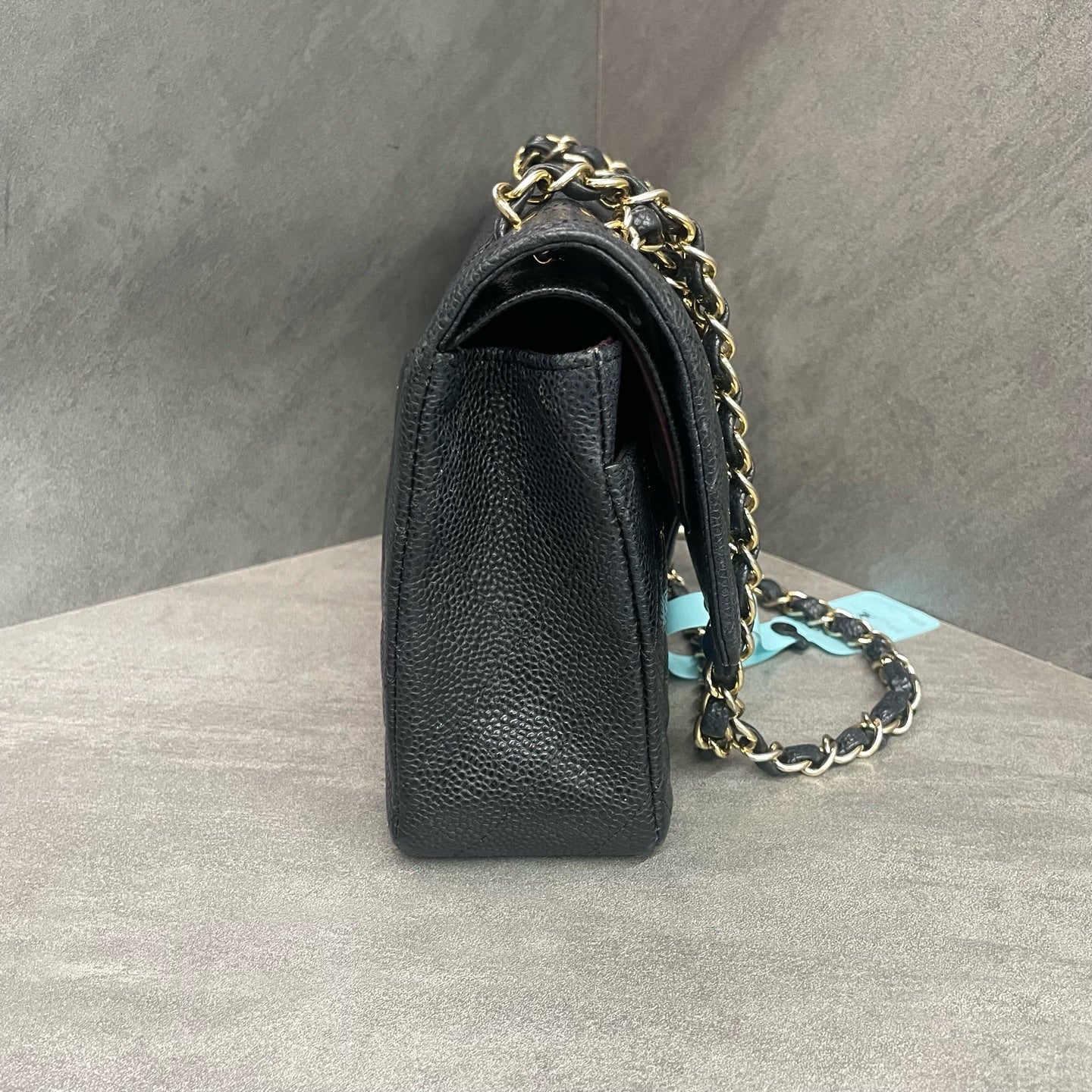 Chanel CF Medium Black Gold Litchi Leather Chain Bag 17th Edition with Card Original Condition