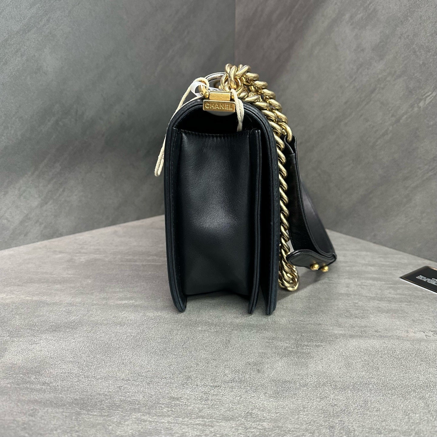 Chanel leboy medium-large black gold lambskin chain bag, 23 series with authenticity card, structured shape, clean interior