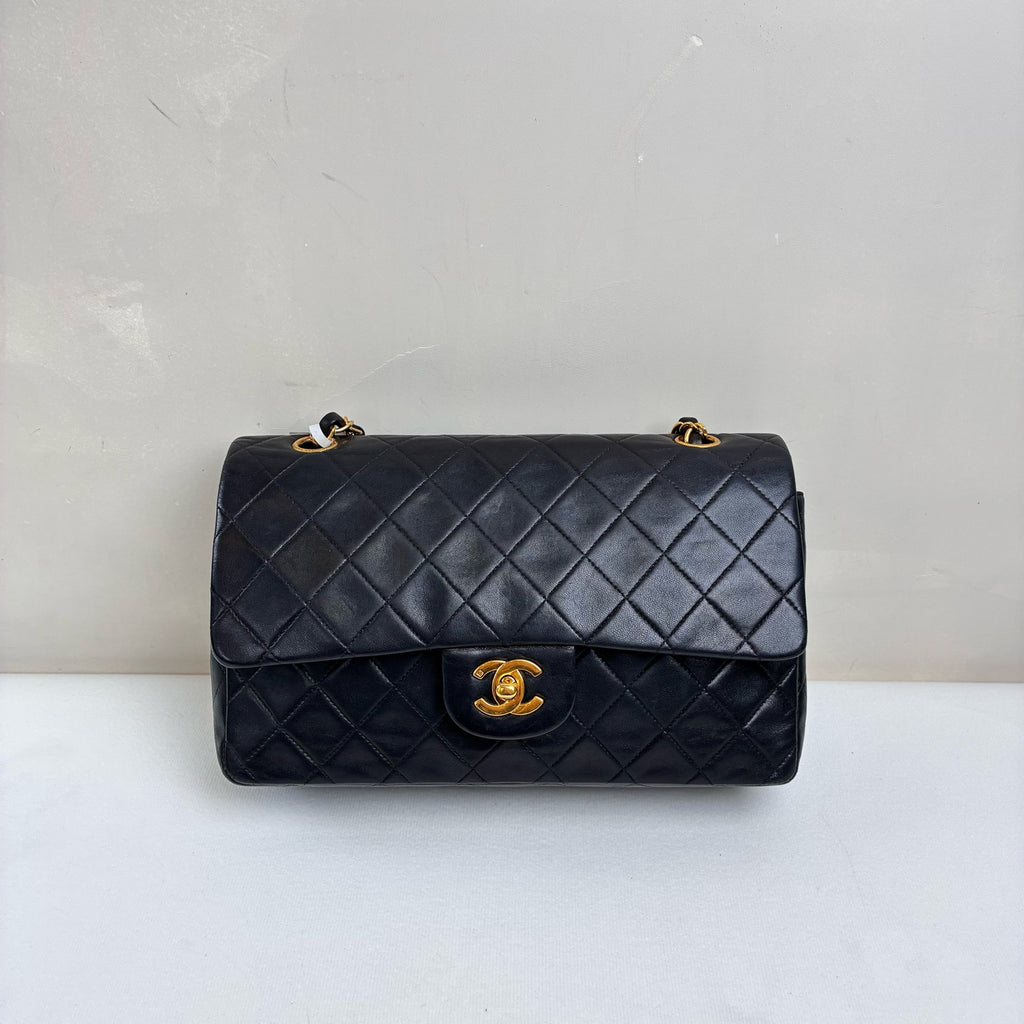 Chanel CF Medium Black and Gold Lambskin Chain Bag Classic Diamond Pattern Black and Gold Color Hardware Size 23*15