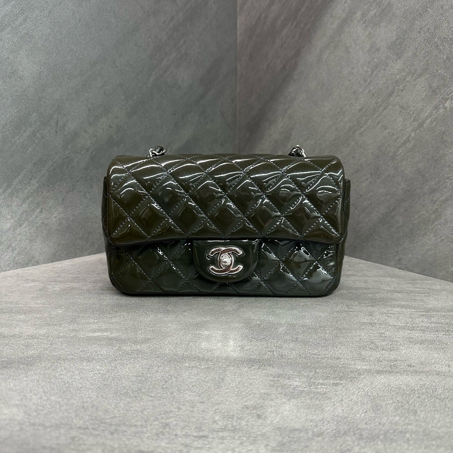 Chanel CF Mini Chain Bag in Patent Leather, Silver Hardware, Olive Green, Size 20