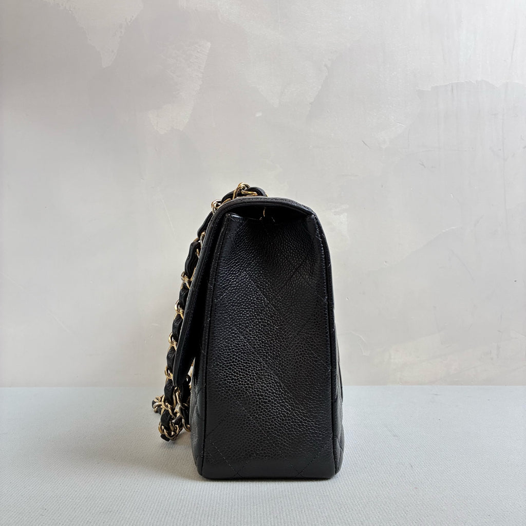 Chanel 99 New 13-inch Jumbo CF Black Gold Pebbled Leather Single Flap Size 30*18