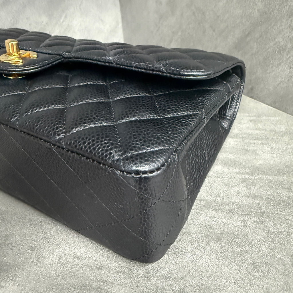 Chanel Medium Classic Flap, Black Gold, Caviar Leather, 27-series, with authenticity card, original condition, perfect shape