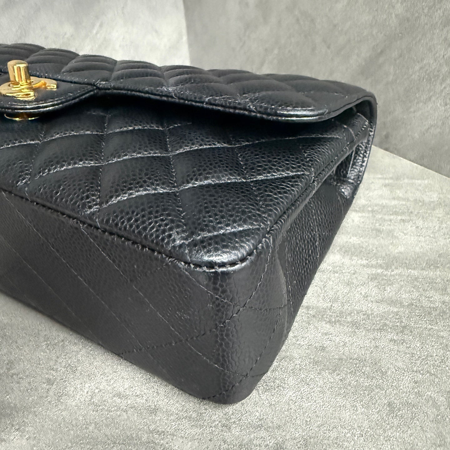 Chanel Medium Classic Flap, Black Gold, Caviar Leather, 27-series, with authenticity card, original condition, perfect shape