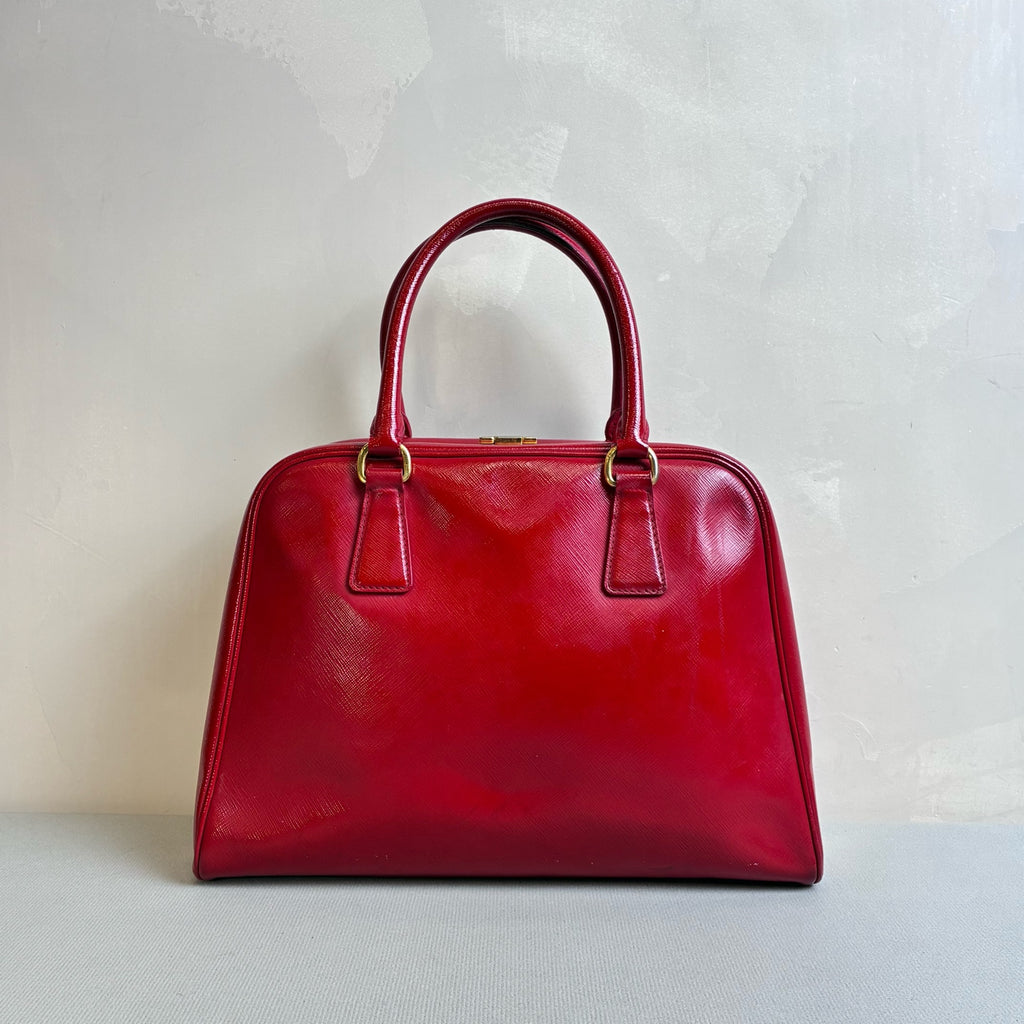 Prada 95% New Red Patent Leather Tote Bag Classic Triangle Logo Crosshatch Leather Size