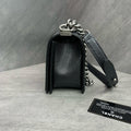 Chanel Le Boy Medium Black Silver Caviar Leather Chain Bag 26 with Card, structured interior, clean lining.