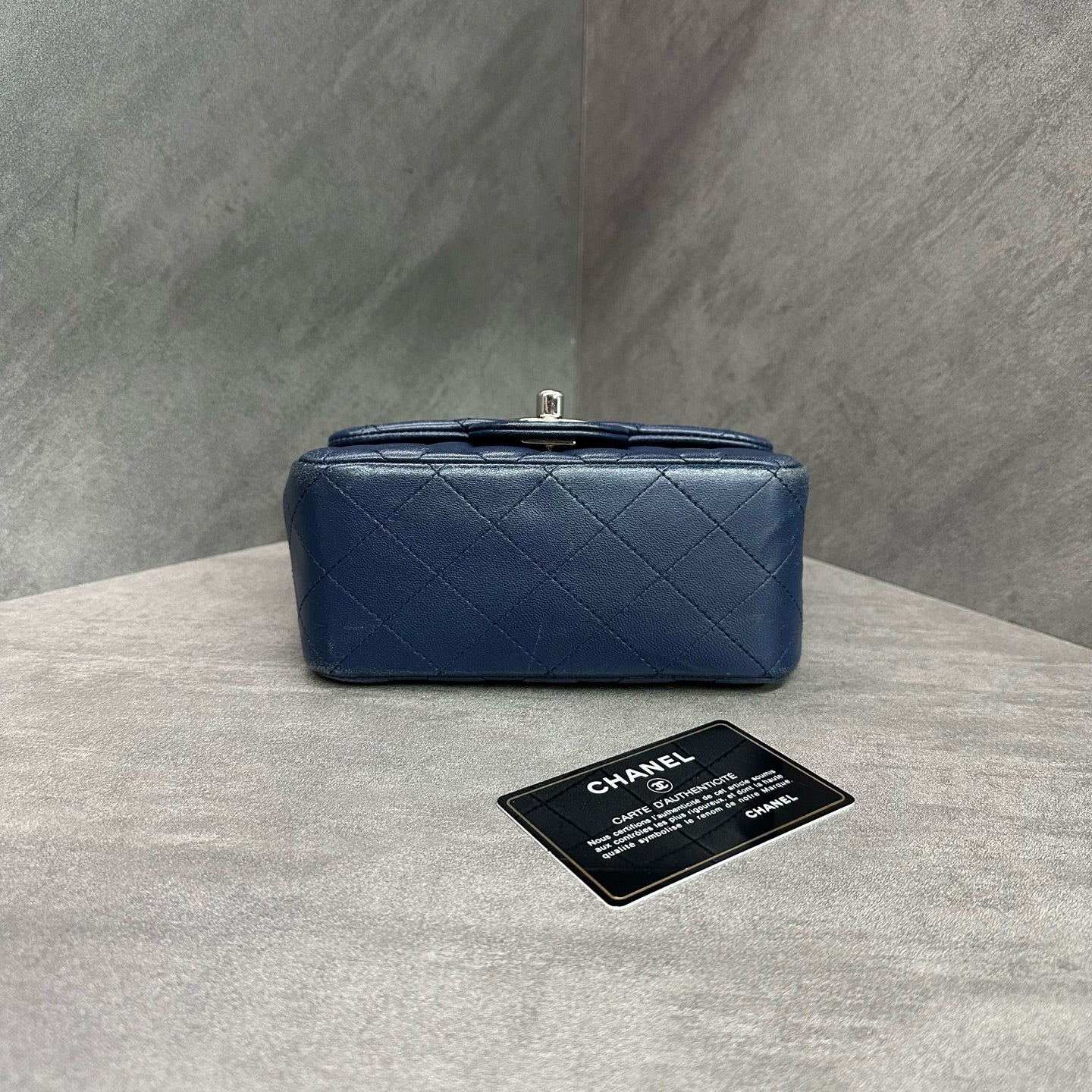 Chanel CF Square Chunky Blue Silver Lambskin Chain Bag 22 opening with card, structured shape, and clean interior.