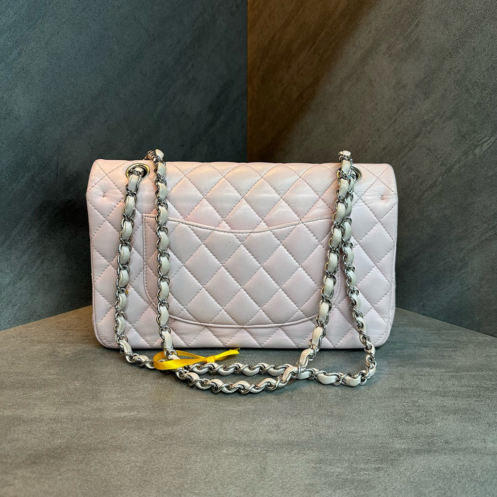 Chanel Medium Classic Flap Pink Silver Lambskin Chain Bag, 25-series code, structured shape, clean interior