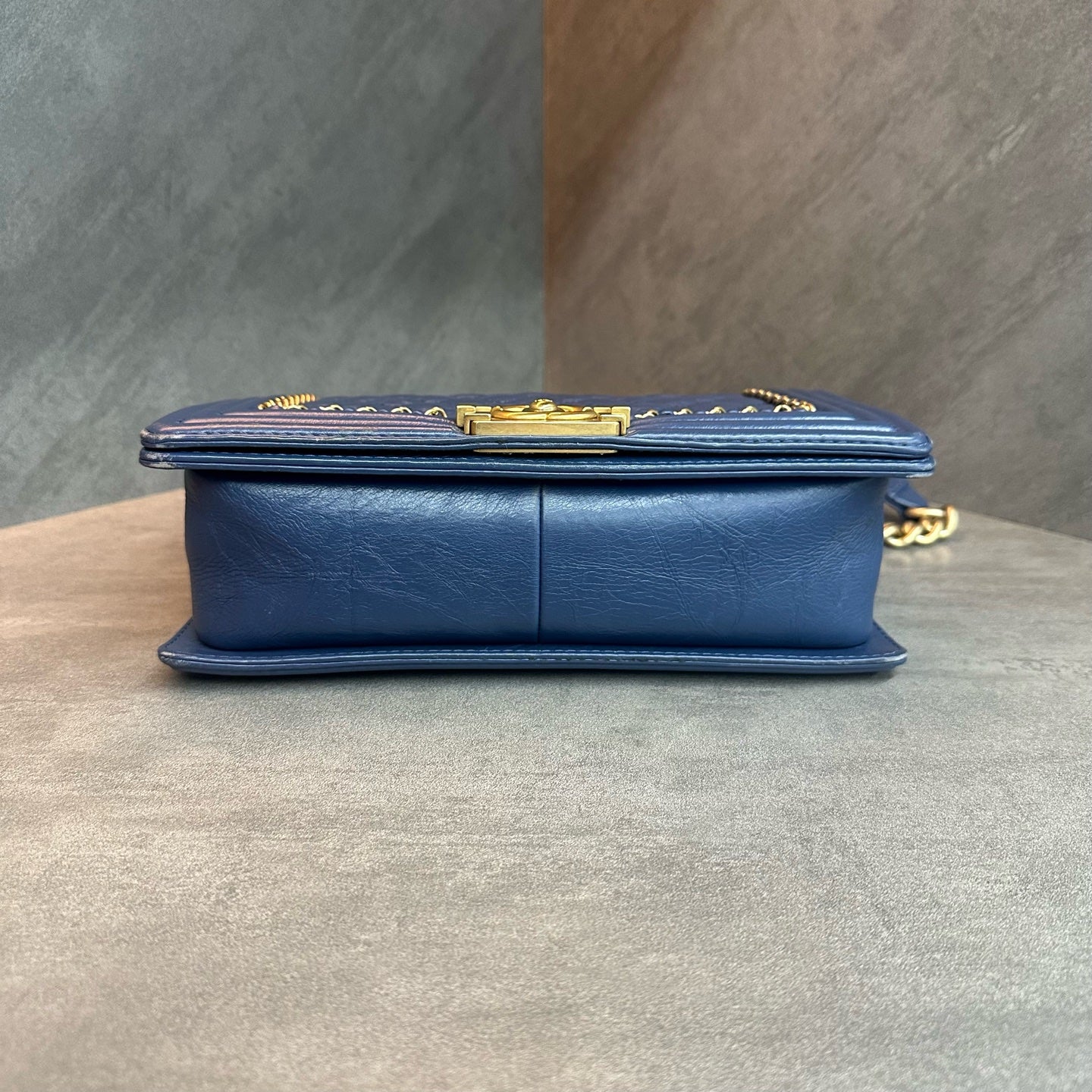Chanel Medium Le Boy, haze blue with gold-tone hardware, oil-wax crinkled cowhide, limited edition discontinued design with vintage-style piping, 23-series production code