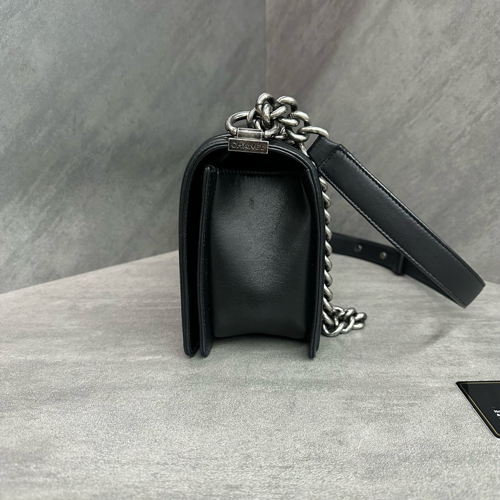 Chanel leboy medium black and silver lambskin chain bag, 16-series with card, structured shape, clean interior