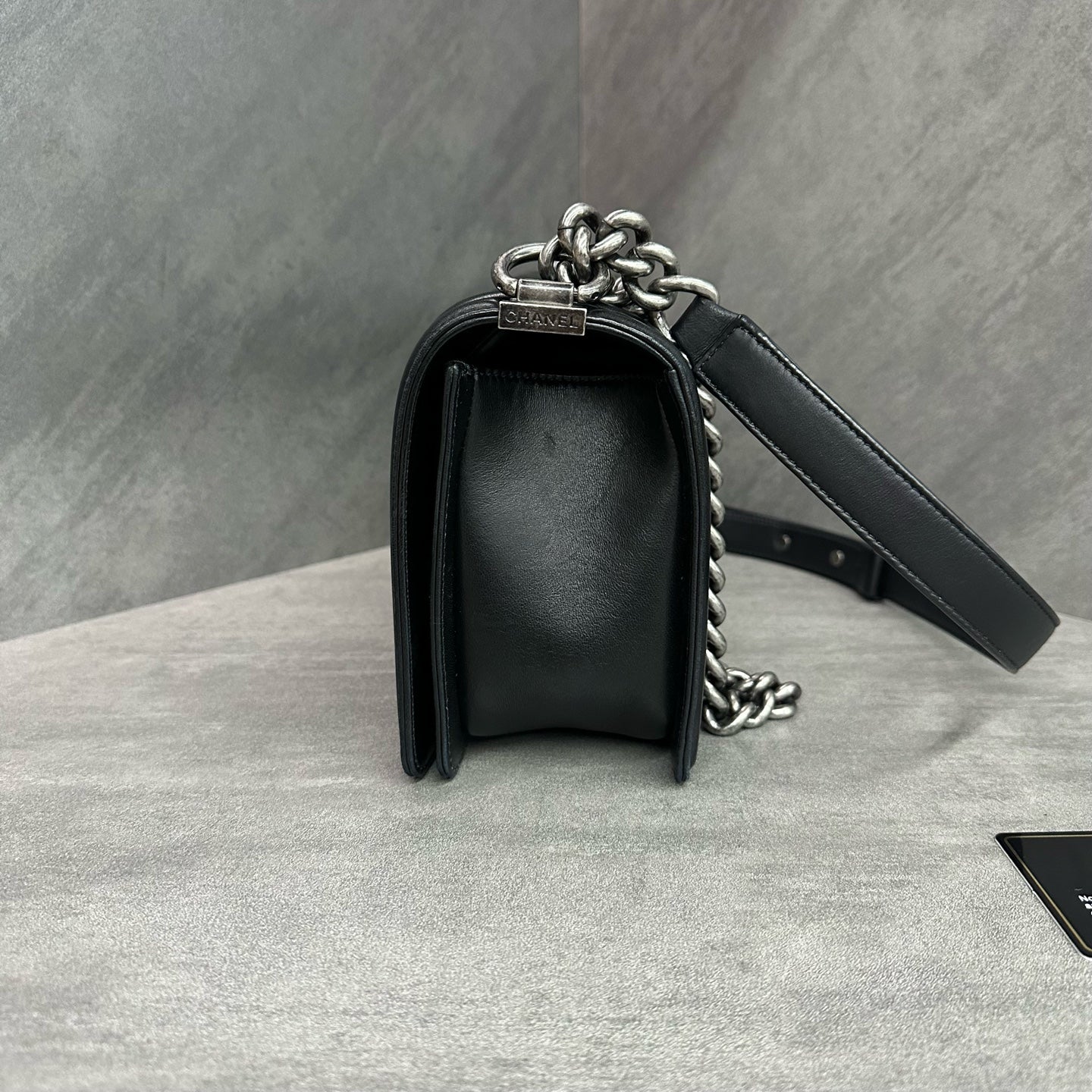 Chanel leboy medium black and silver lambskin chain bag, 16-series with card, structured shape, clean interior